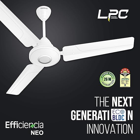 Havells 1200Mm Efficiencia Neo Bldc Motor Ceiling Fan 5 stars With Remote,26W,Upto 65% Energy Saving High Air Delivery, Winner Of National Energy Conservation Award (2021) (Pack Of 1,White)