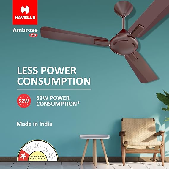 Havells 1200mm Ambrose ES Ceiling Fan | Premium Finish, Deco. Fan, Elegant Looks, High Air Delivery, Energy Saving, 100% Pure Copper Motor | 2 Year Warranty by Brand | (Pack of 1, Cola Espresso Brown)