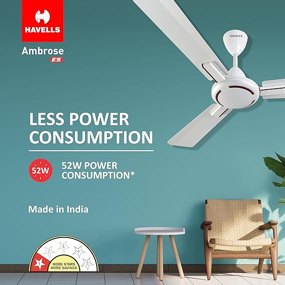 Havells 1200mm Ambrose ES Ceiling Fan|Premium Finish, Deco. Fan, Elegant Looks, High Air Delivery, Energy Saving, 100% Pure Copper Motor|2 Year Warranty by Brand | (Pack of 1, Pearl White Wood) 1 Star